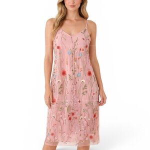 Beige by eci Pink Chinese Floral Embroidered Slip Dress Size 10 Midi Length Y2K